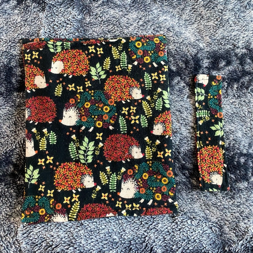 Handmade Multicolored Hedgehog Print Book Sleeve Cover Pocket & Bookmark Set